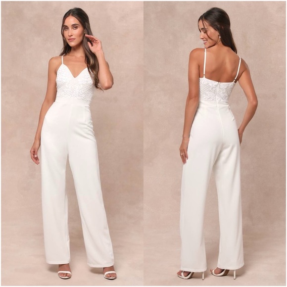 LULU’S Memorable Occasion White Beaded Sequin Wide-Leg Jumpsuit - Picture 1 of 6